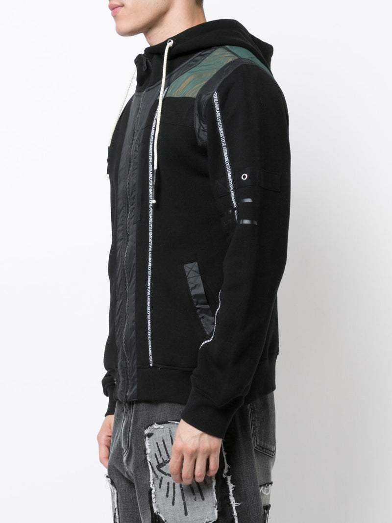 BRANDED TAPING MIXED FABRIC ZIP UP HOODIE - Mostly Heard Rarely Seen