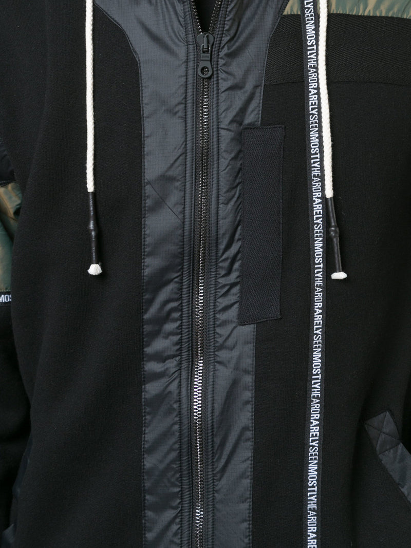 BRANDED TAPING MIXED FABRIC ZIP UP HOODIE - Mostly Heard Rarely Seen